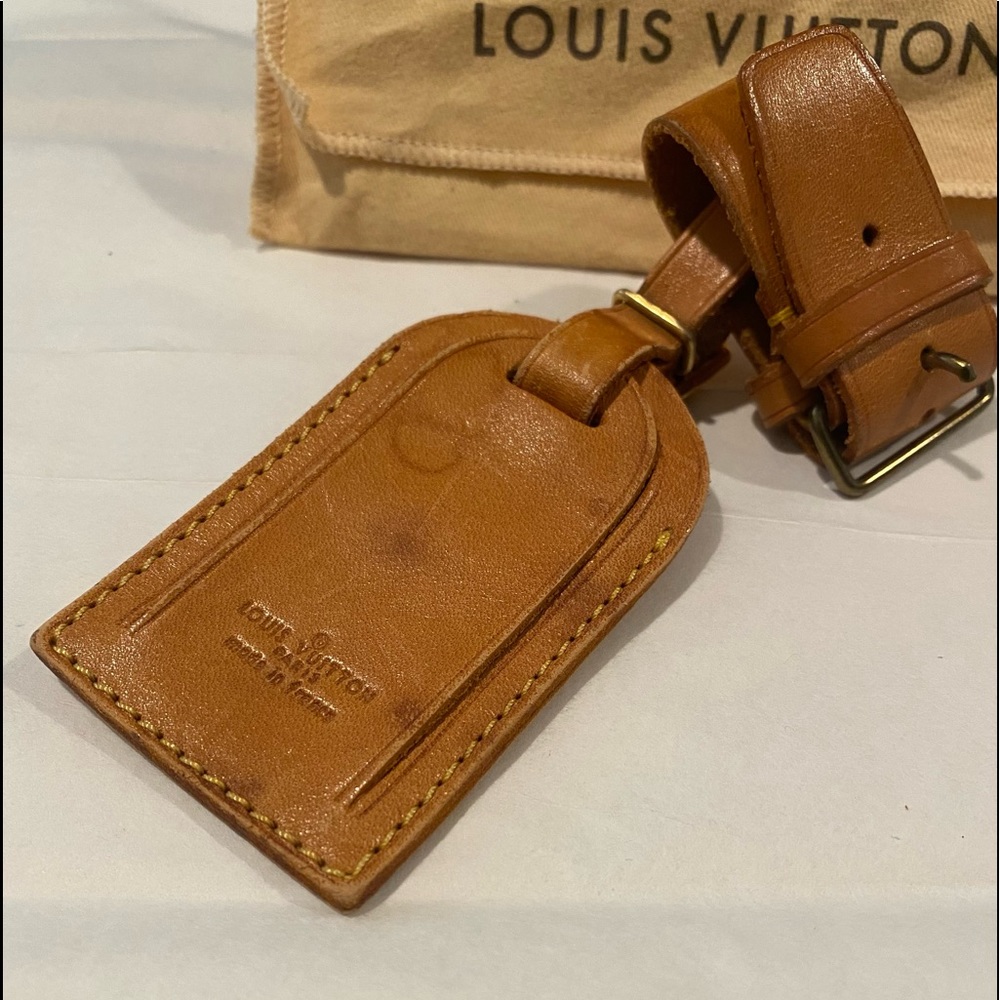 💯 Auth LOUIS VUITTON Large Leather Luggage ID Tag Name Tag and Poignet Set